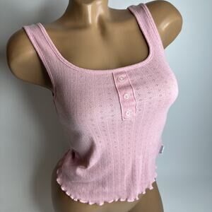 Vintage Y2K Hurley Pink Eyelet Tank Top Henley Lettuce Hem Cottage Coquette S